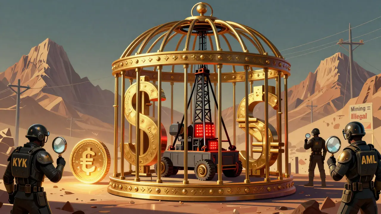 A golden cage made of currency symbols encloses a mining rig, guarded by figures labeled KYC and AML, with e-Dirham shining in the distance.