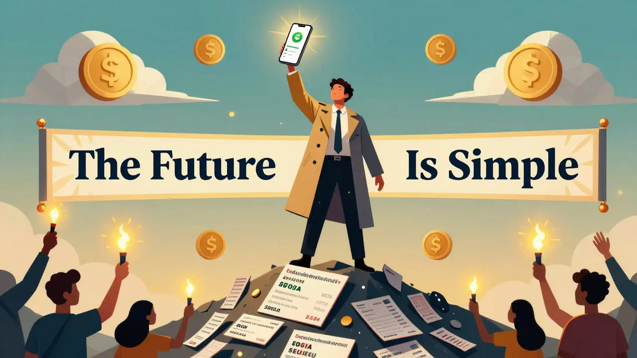 A hero holding up SukuWallet as a beacon, standing above discarded wallet addresses in Art Deco style.