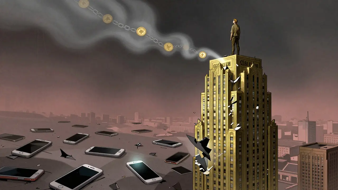 A lone figure stands atop a crumbling 'GEO CASH' building, surrounded by abandoned phones and drifting tokens.