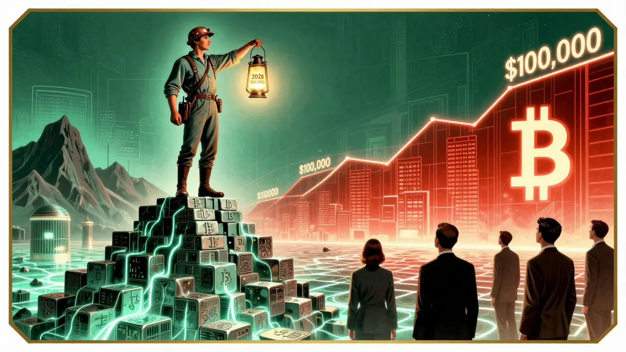 A miner holding a lantern labeled '2028 Halving' atop Bitcoin blocks, with institutional investors looking toward a rising price horizon.