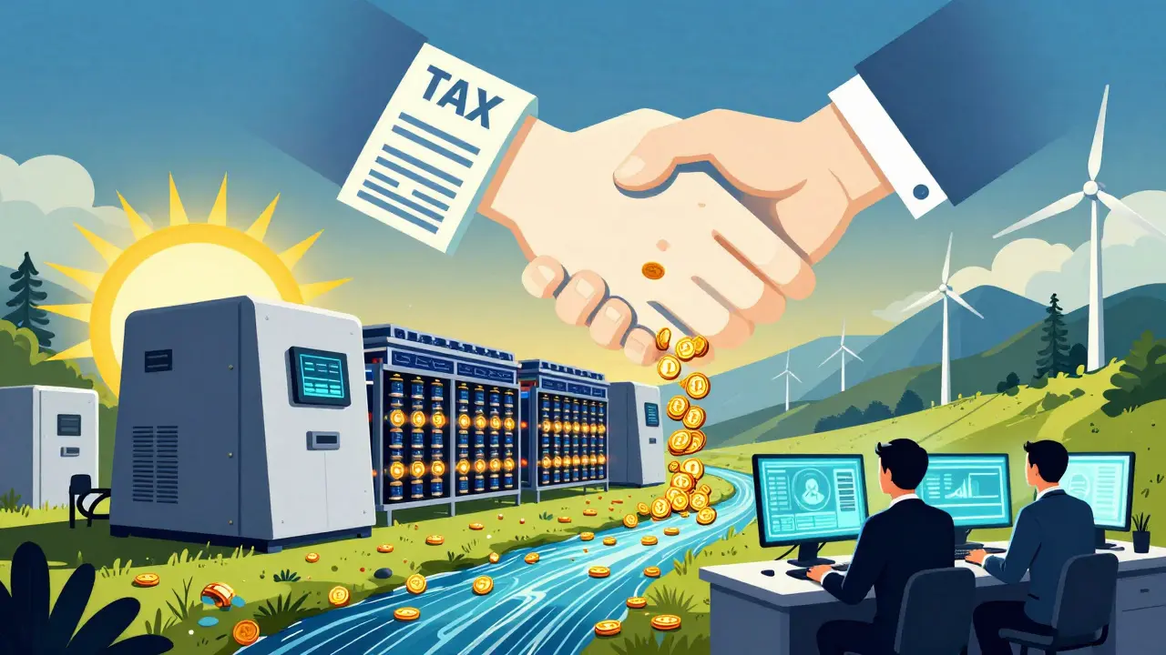 A modern crypto mining facility powered by renewable energy, depicted in Art Deco style with geometric machines and digital coin streams.