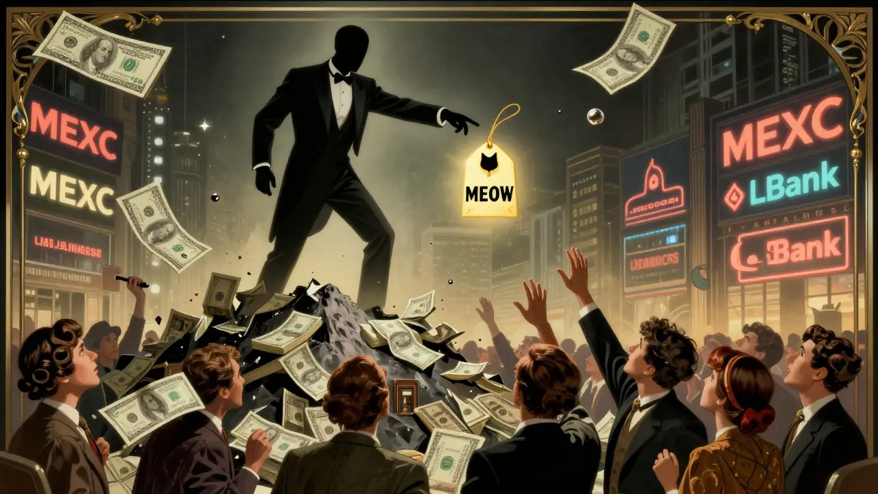 A shadowy figure points to a tiny MEOW token as confused investors reach for it, with交易所 logos glowing like neon billboards in the background.