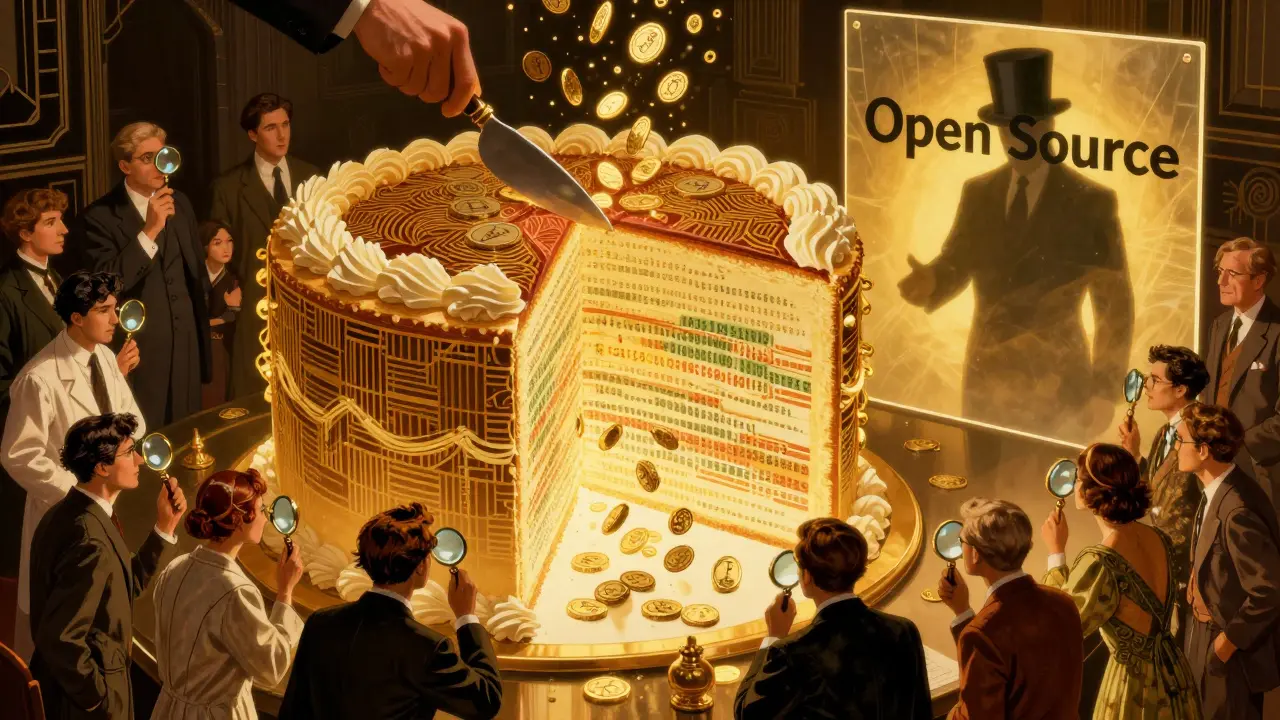 A sliced cake revealing digital ledger inside, with people examining code while a corporate figure is blocked.