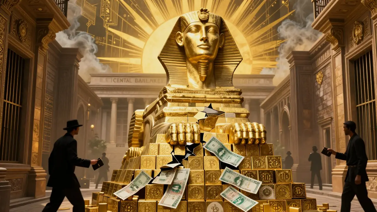 A Sphinx statue made of Bitcoin blocks towers over crumbling currency, with shadowy users passing wallets below.