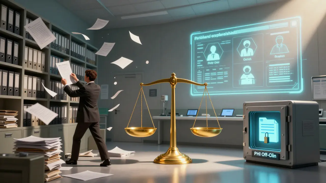 A split scene contrasting chaotic paper records with a clean, compliant blockchain control room featuring role-based access icons.