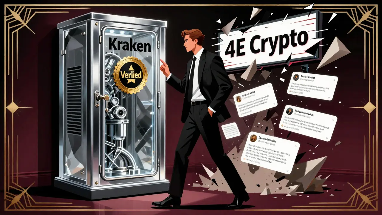 A trader walks toward the verified Kraken vault as the fake '4E' sign crumbles behind him.