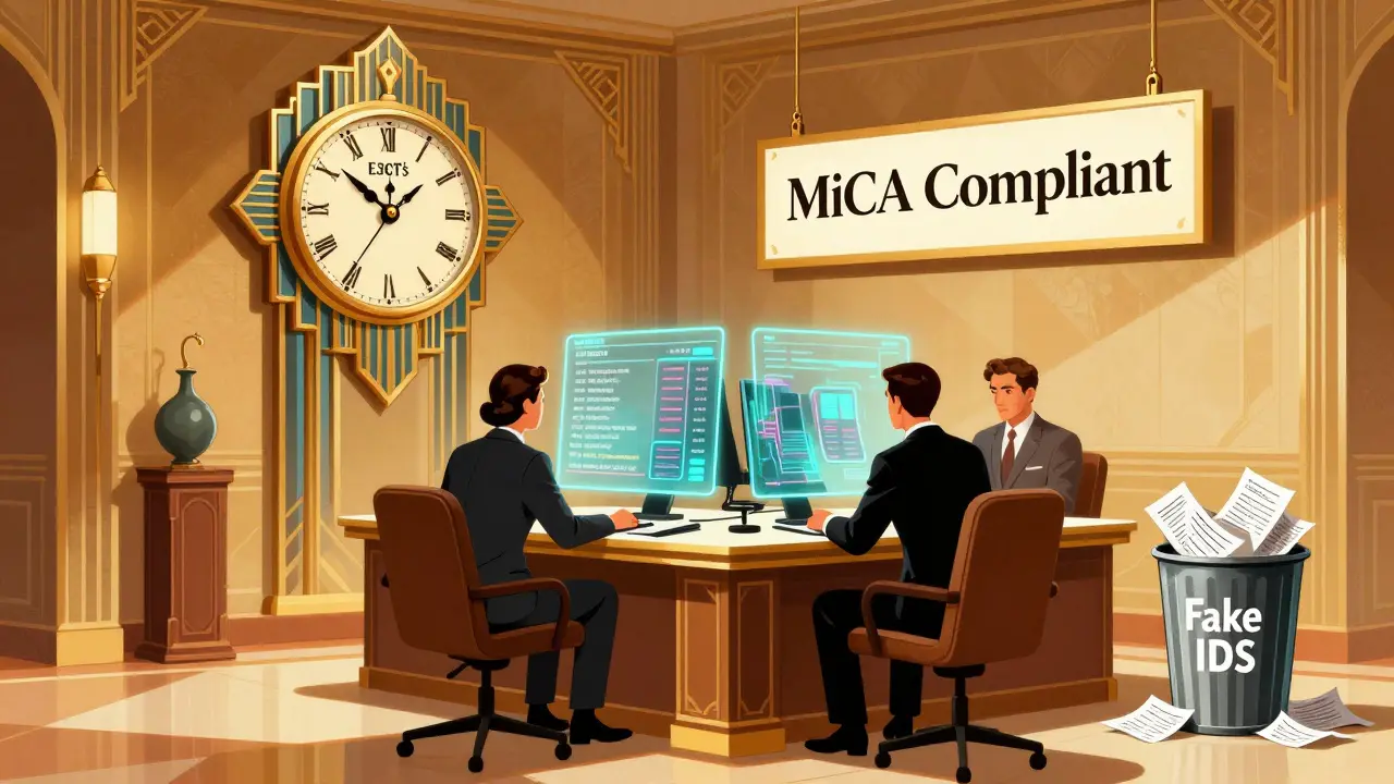 An Art Deco-style office where an ornate clock-like AI system auto-updates EU compliance rules while employees monitor transactions.