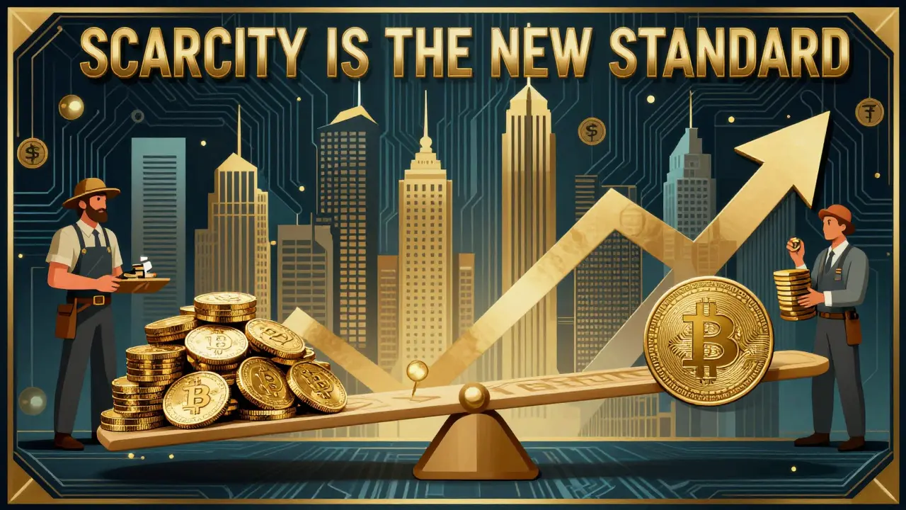 Art Deco-style seesaw balancing old and new Bitcoin rewards with institutional figures around it.