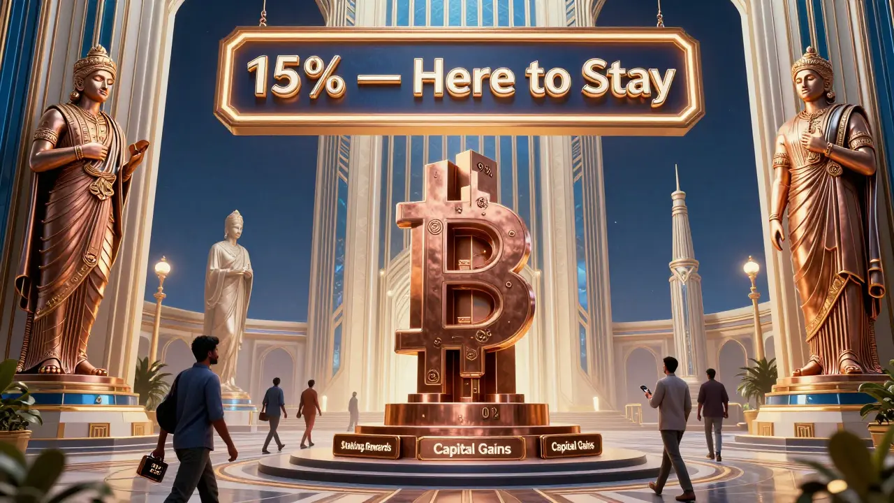 Blockchain monument in Karachi with global tax rates as fading statues, under a 'Here to Stay' sign.