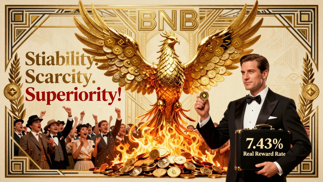 BNB as a gilded phoenix rising from token burn embers, with an investor holding a '7.43% Real Reward Rate' briefcase.