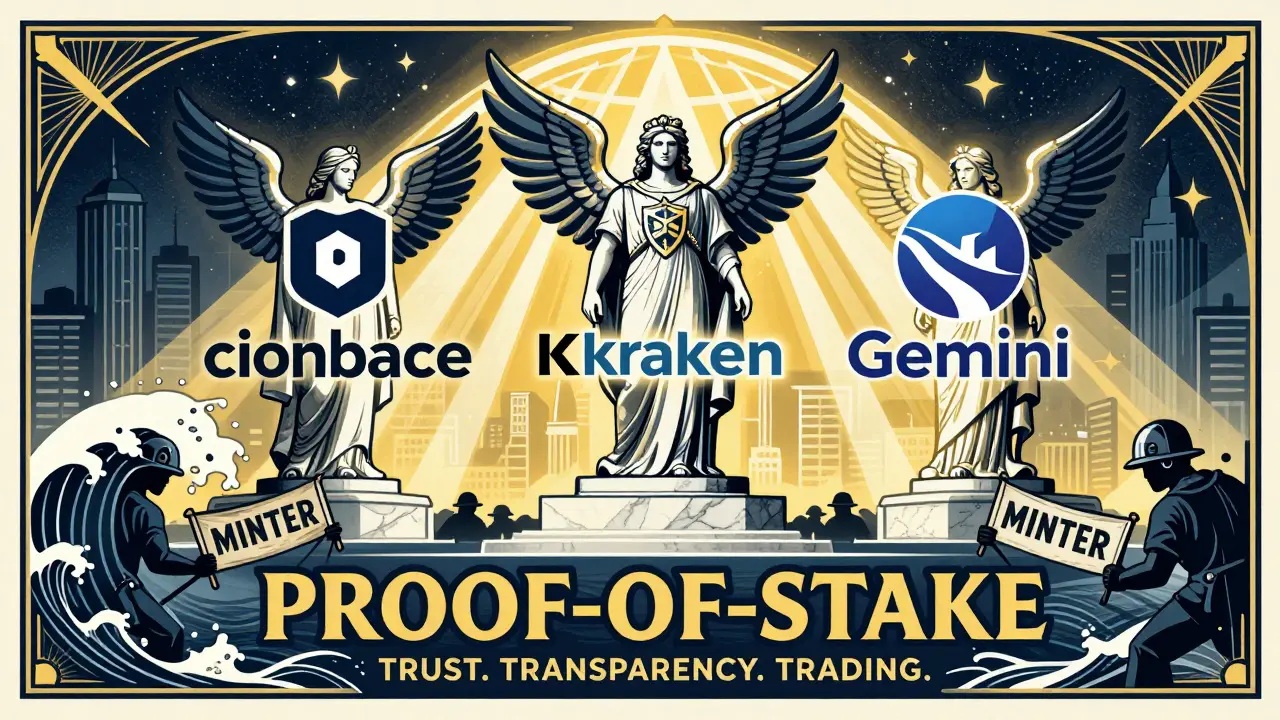 Coinbase, Kraken, and Gemini as majestic statues defeating outdated mining symbols with light.