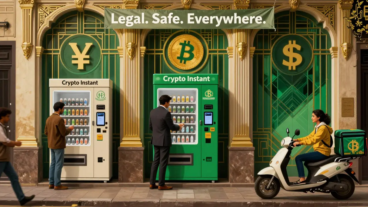 Colombians use PSE kiosks to buy crypto in a vibrant Art Deco street scene with stylized architecture and currency symbols.