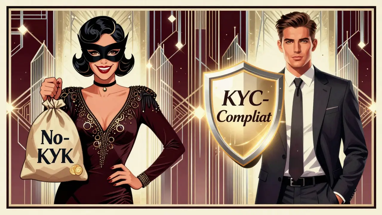 Contrasting Art Deco ad: masked 'No-KYC' figure vs. verified trader beside a shield, geometric background.
