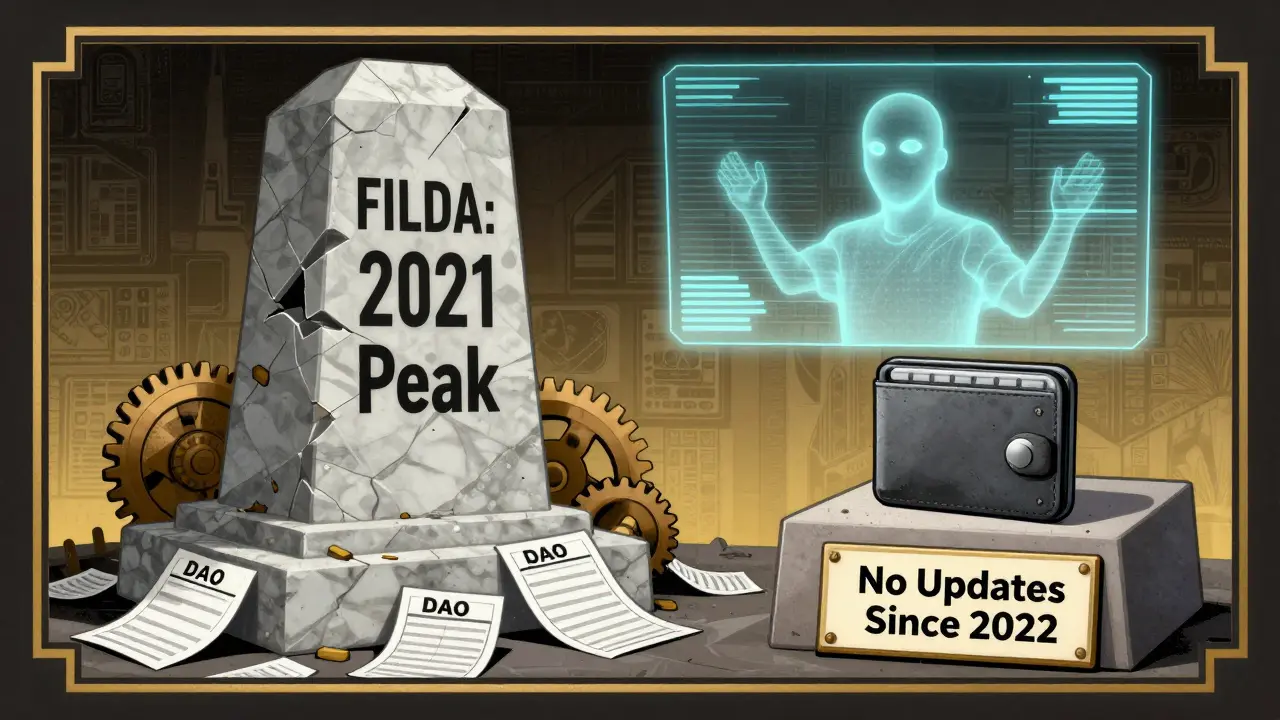 Crumbling Filda monument with broken gears and silent DAO ballots, a lone MetaMask wallet beside 'No Updates Since 2022' plaque.