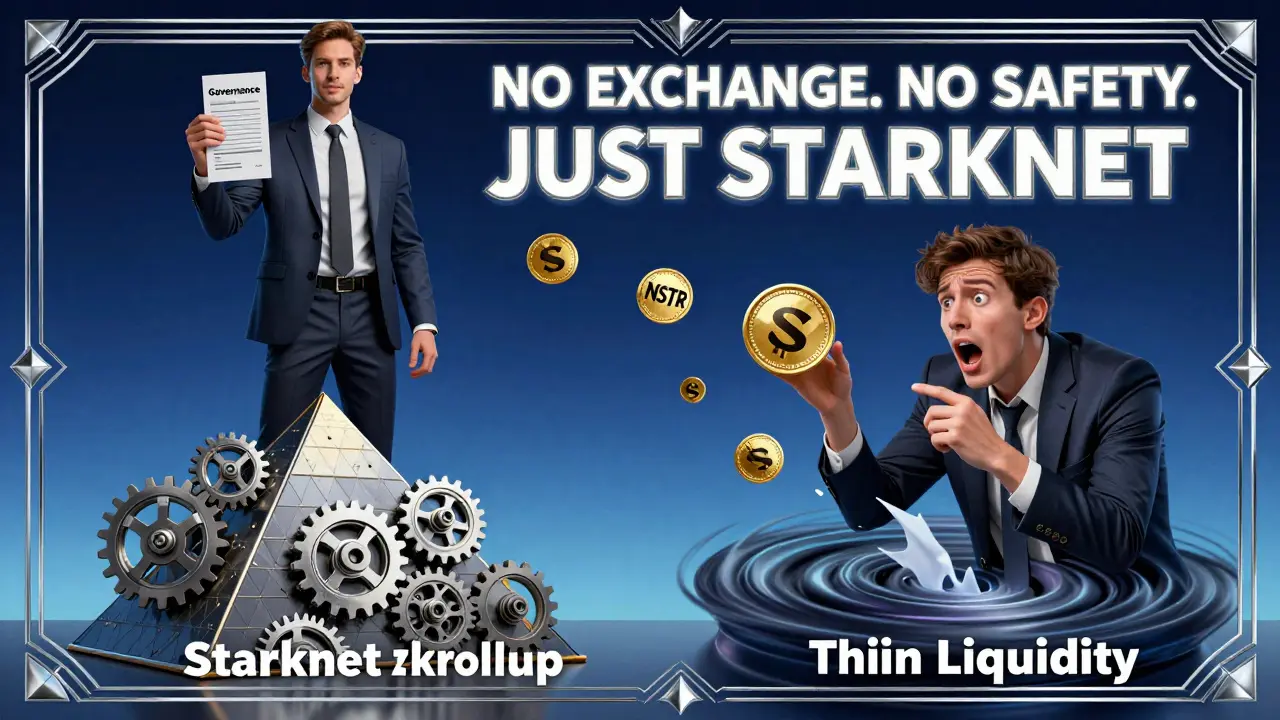 Diptych: a DeFi builder voting on governance vs. a trader losing NSTR to thin liquidity, in gold and emerald tones.