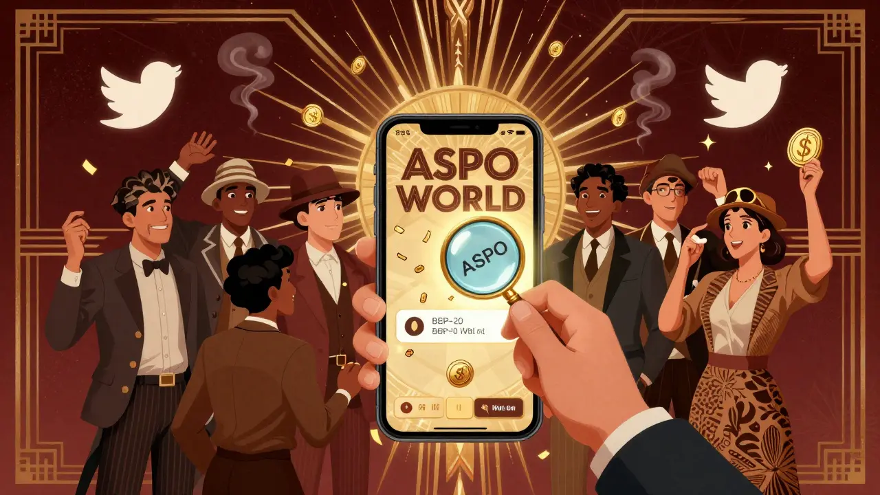 Diverse players gather around a smartphone displaying ASPO World, with tokens raining down in a 1920s-inspired Art Deco scene.
