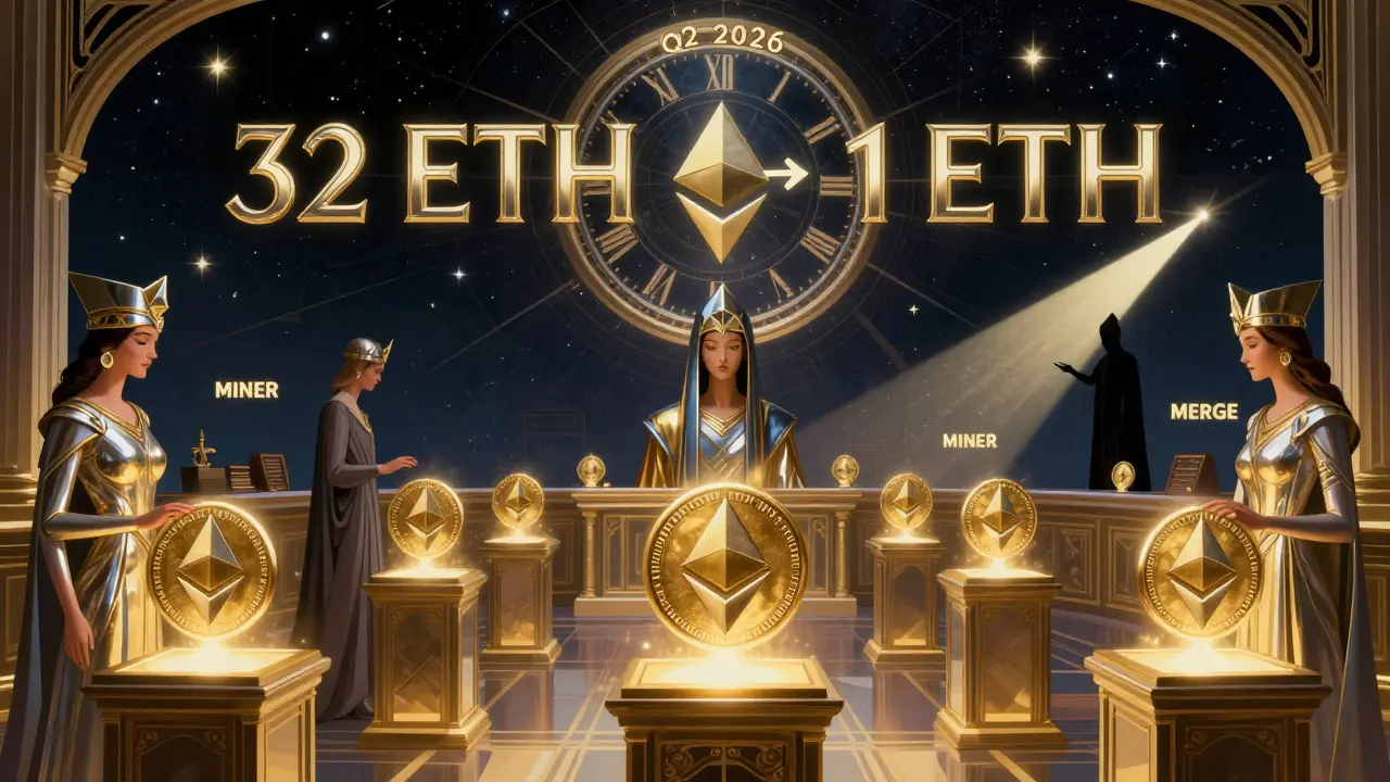 Elegant figures staking ETH under a celestial clock showing 2026, with miner fading into light.