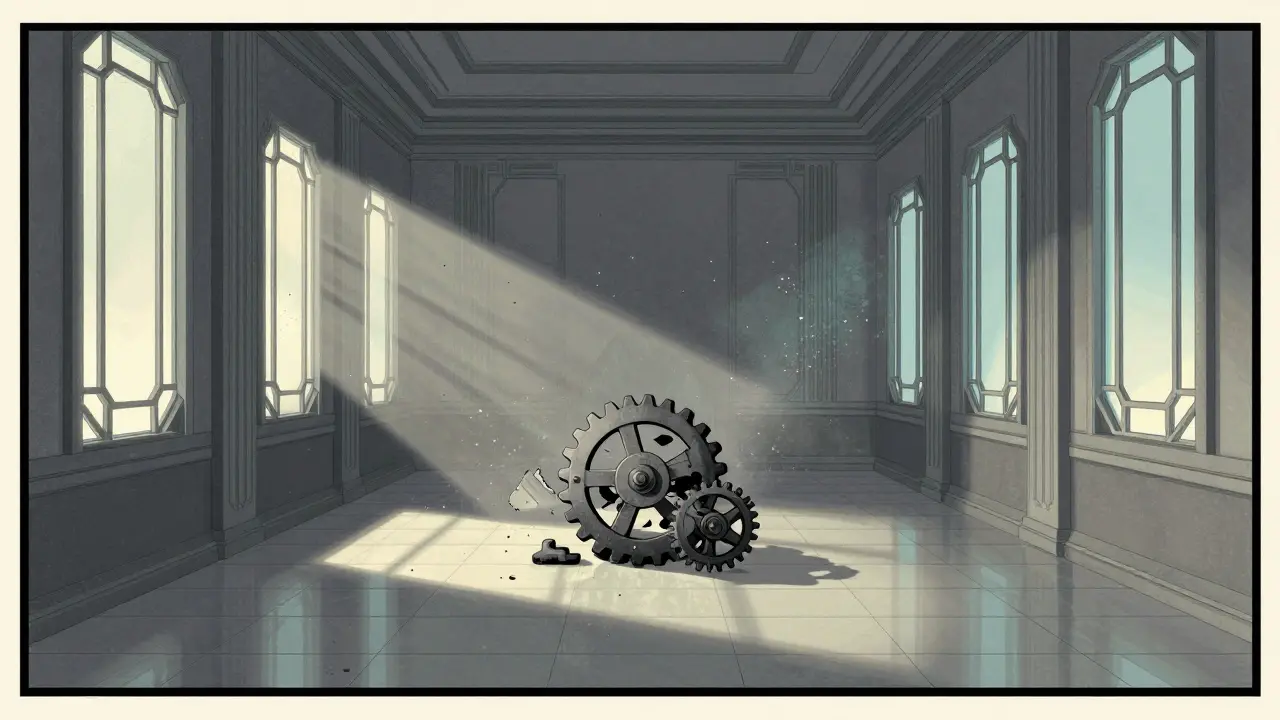 Empty trading hall with a broken gear mechanism on the floor.