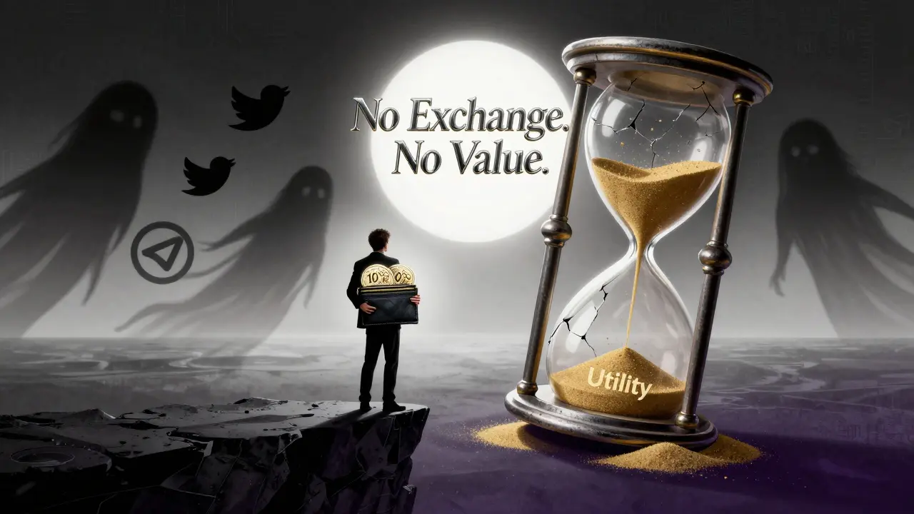 Figure holding WINR tokens at edge of digital void, ghostly Twitter and Telegram logos, hourglass draining 'Utility' into nothing.