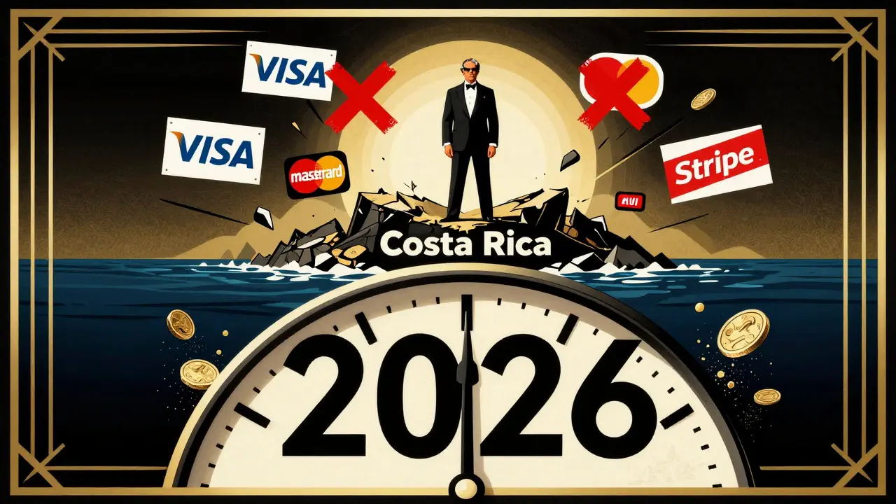 Founder on crumbling island as bank logos vanish, clock ticks to 2026 with coins turning to dust.