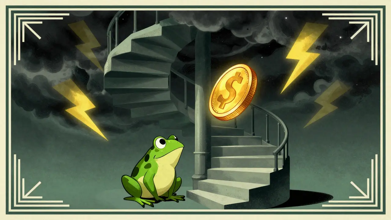 Frog climbing stairs towards coin in dramatic Art Deco style