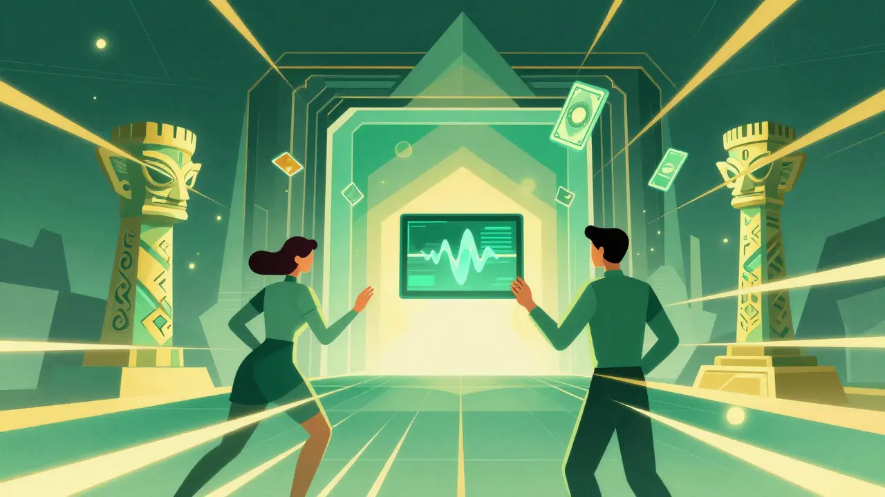 Futuristic gaming avatars interacting with NFT structures in Art Deco style.