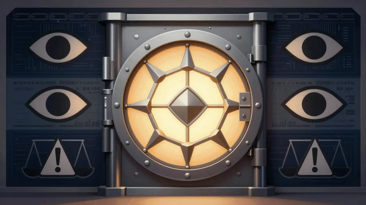 Geometric vault door protecting digital assets in retro style.