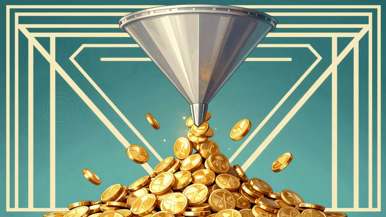 Gold coins flowing through a narrow geometric funnel representing liquidity.