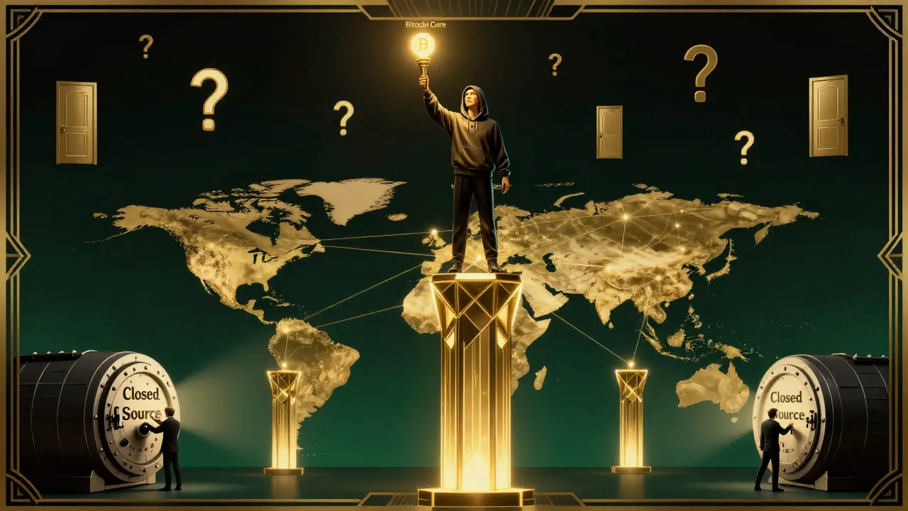 Heroic figure atop global node network holding torch of open code, overpowering closed vaults.