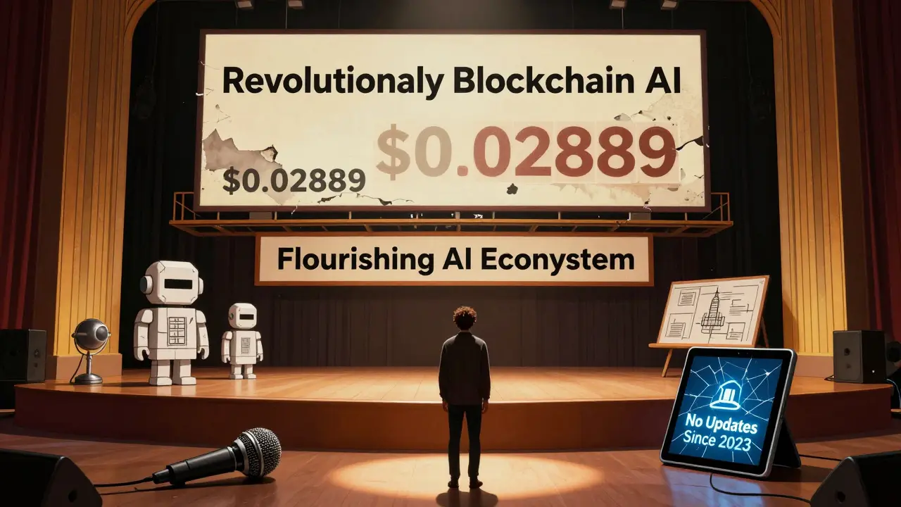 Lone person before an empty stage labeled 'Flourishing AI', surrounded by abandoned tech and a faded price tag.