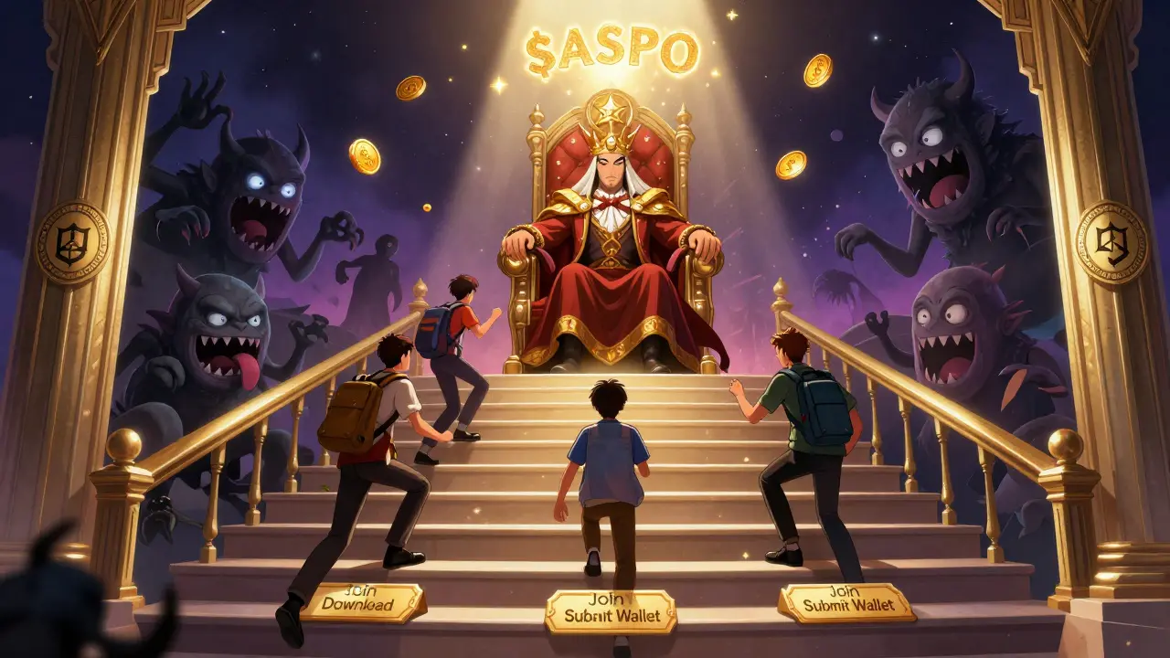 Players ascend a staircase of participation steps toward a Sorcerer King throne, battling scam monsters in a secure, Art Deco-themed journey.