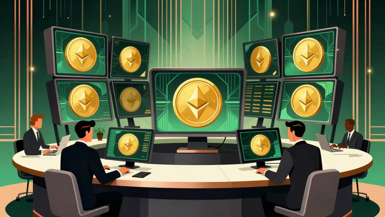 Professional trading desk with cryptocurrency displays in retro illustration