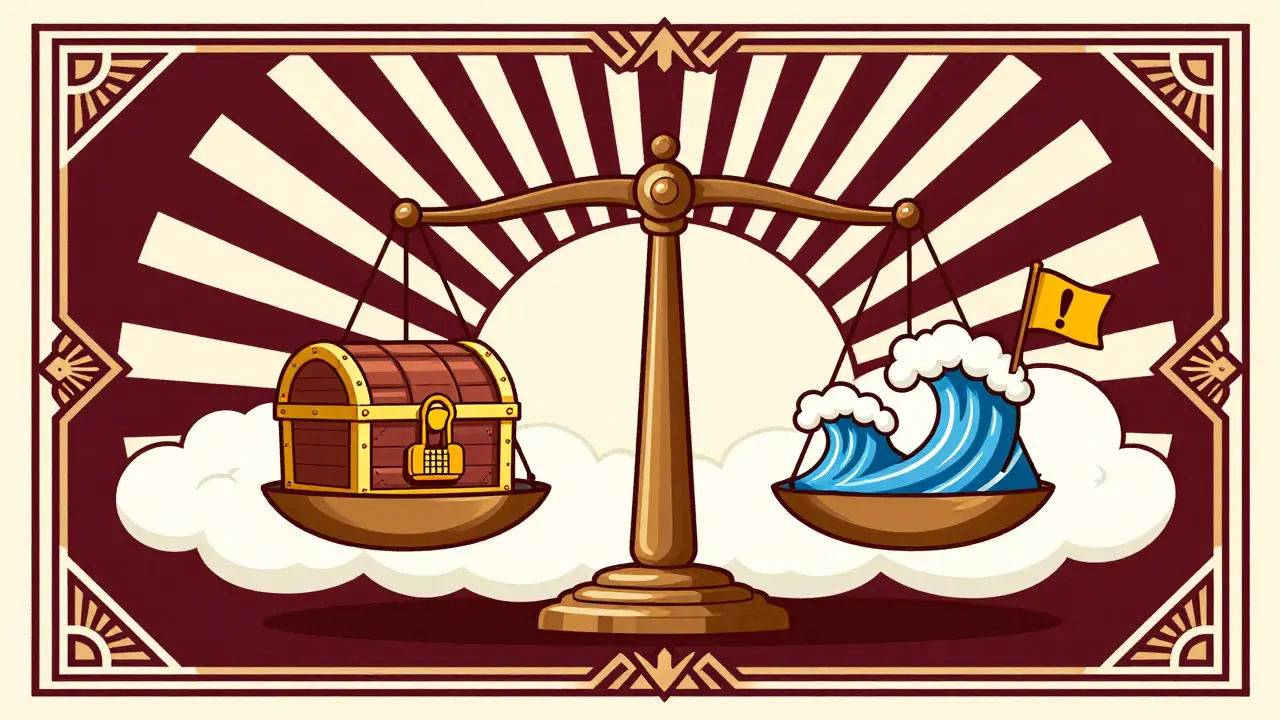 Risk versus reward scales with crypto symbolism in vintage advertising art