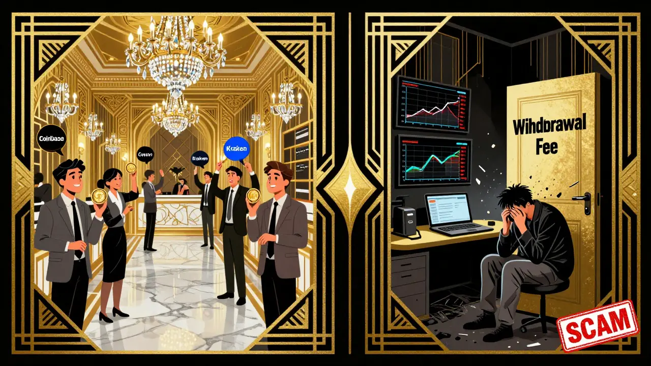 Split illustration contrasting trusted crypto exchanges with a fraudulent platform