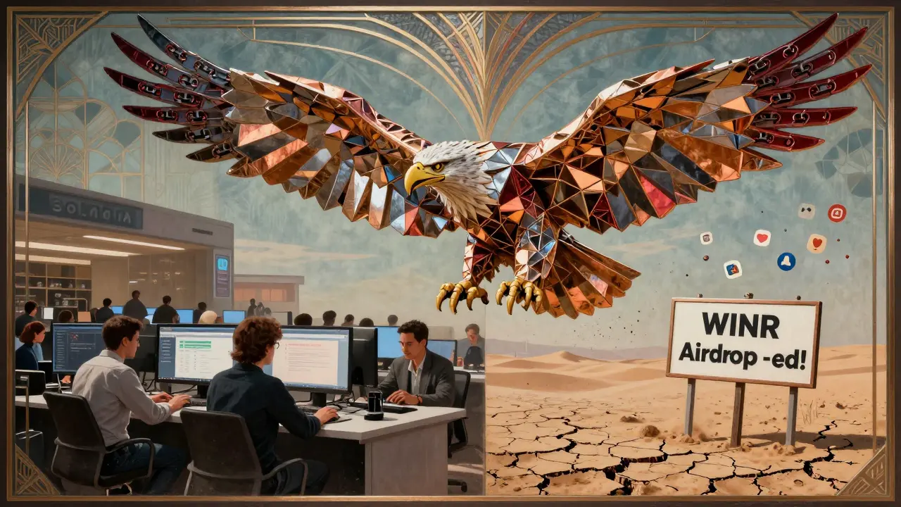 Split mural: bustling Solana trading floor vs. barren desert with 'WINR Airdrop - Claimed!' sign, eagle made of blockchain chains soaring.