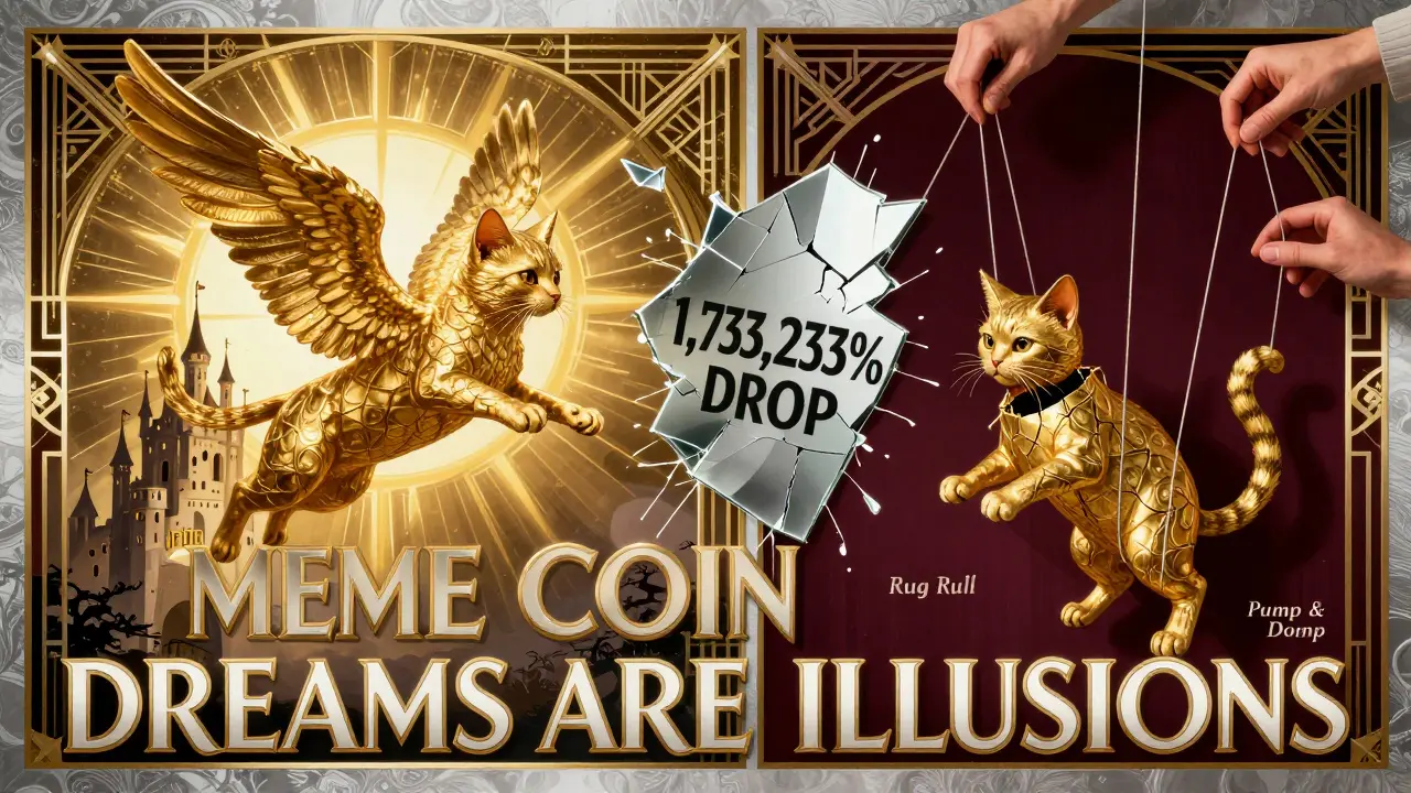 Split-panel illustration: a golden winged cat soars toward fortune on one side, while the same cat is a puppet on strings labeled 'Rug Pull' on the other.