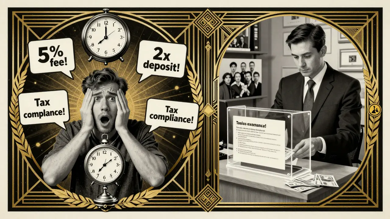 Split panel: left shows crypto scam demands, right shows secure exchange with audit reports.