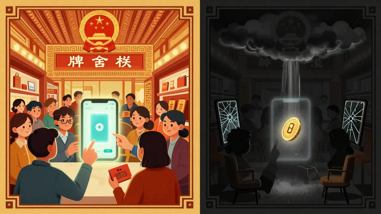 Split scene: bustling Filda users in China vs. abandoned interface with fading token and government seal looming.