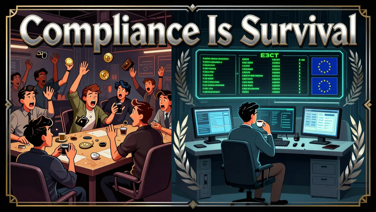 Split scene: chaotic trading floor vs. calm compliance room with E3CT’s dashboard flagging suspicious crypto transfers under EU regulations.