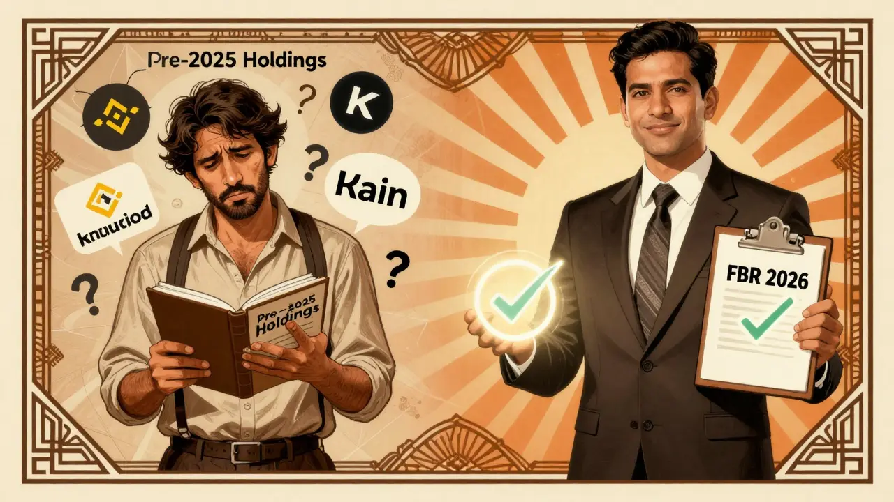 Split scene: confused trader vs. authoritative tax officer in Art Deco style, symbolizing crypto tax compliance.