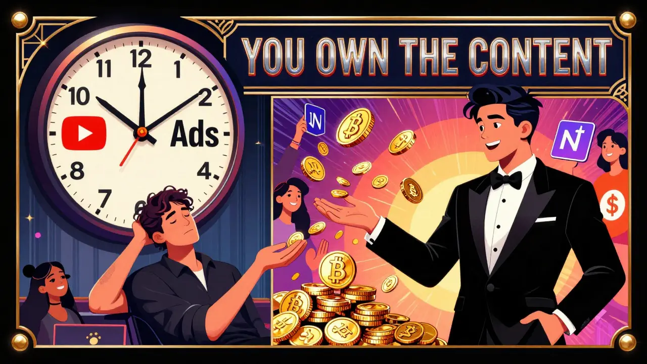 Split scene: one side shows a creator receiving pennies from ads, the other receives crypto coins and NFTs from fans.