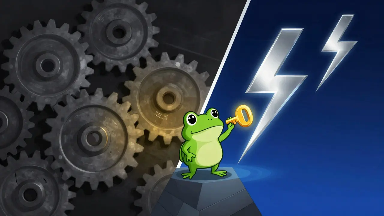 Split screen showing gears and lightning with frog mascot