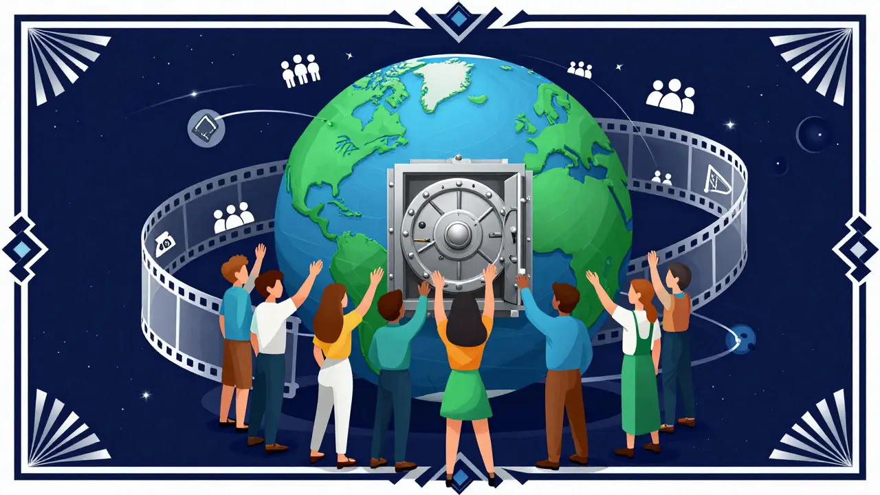 Stylized globe surrounded by film strips and community figures