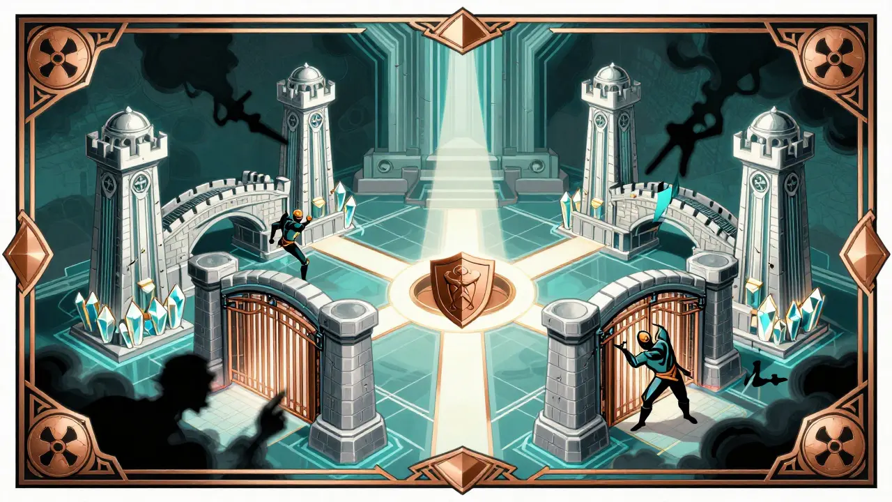 Stylized security shields protecting blockchain bridges from cyber threats