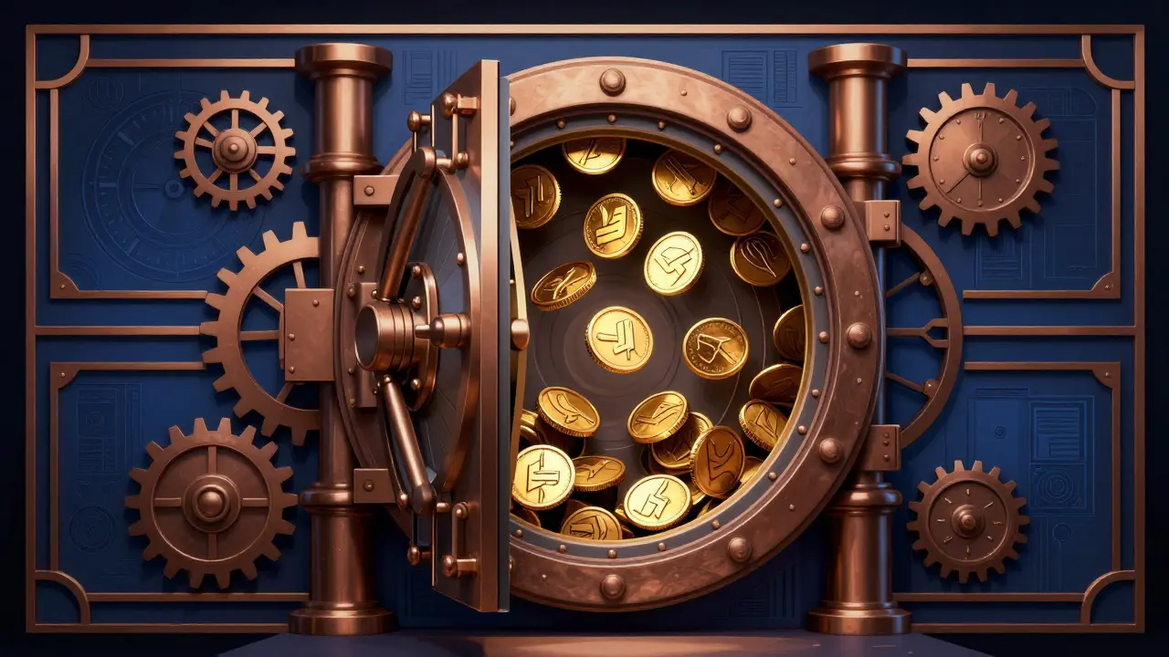 Treasure vault opening to release coins symbolizing token vesting schedule.