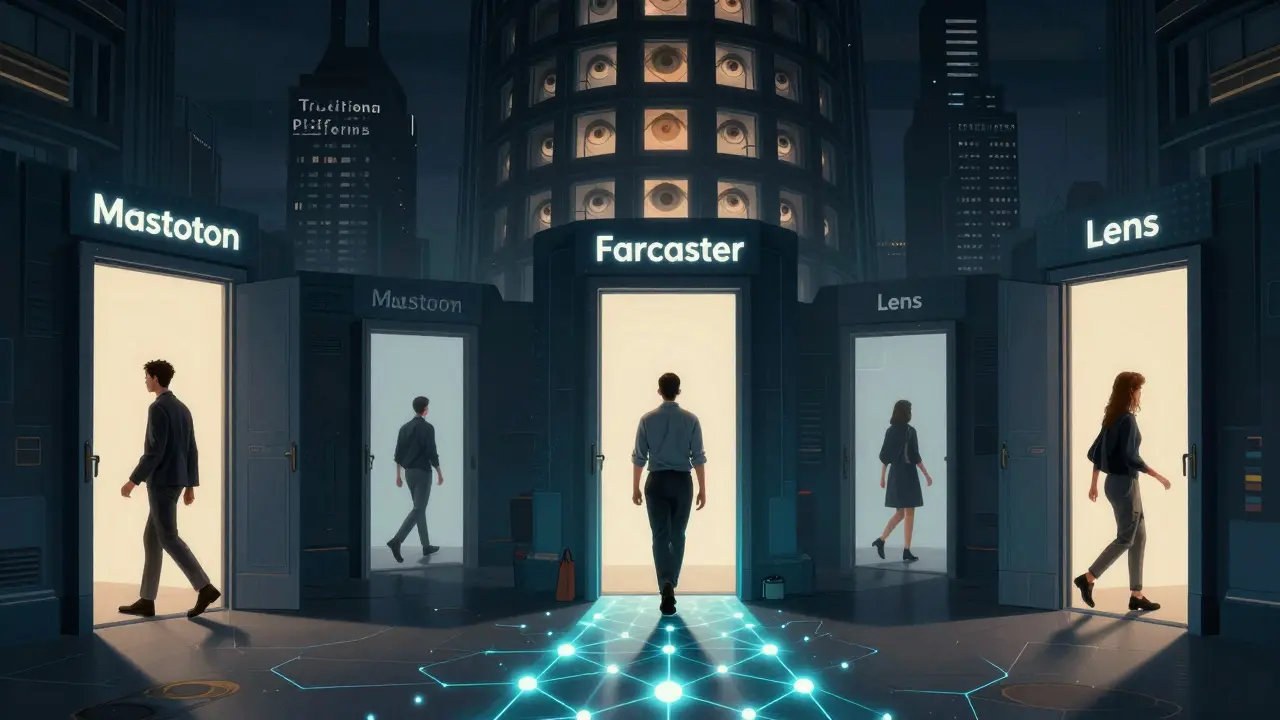 Users walk through doors to decentralized social platforms, while a shadowy corporate tower looms behind them.