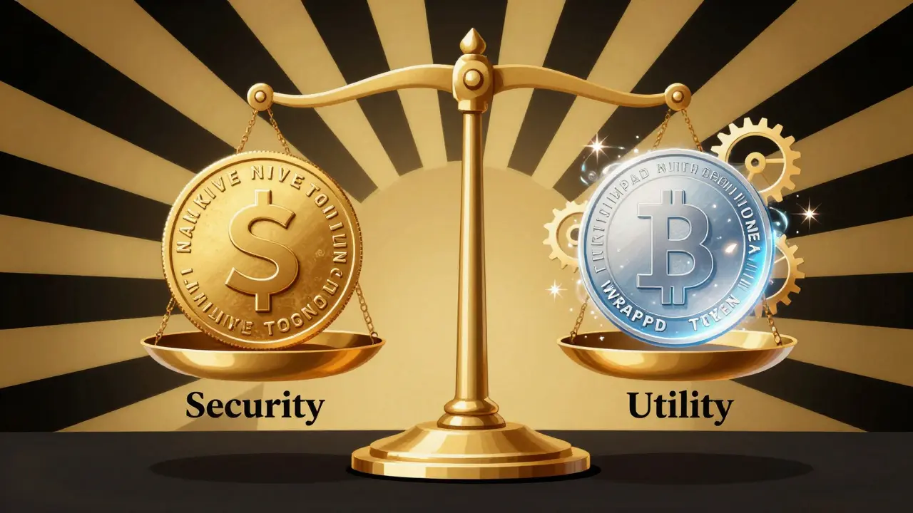A balance scale comparing a solid native coin with a shimmering wrapped token.