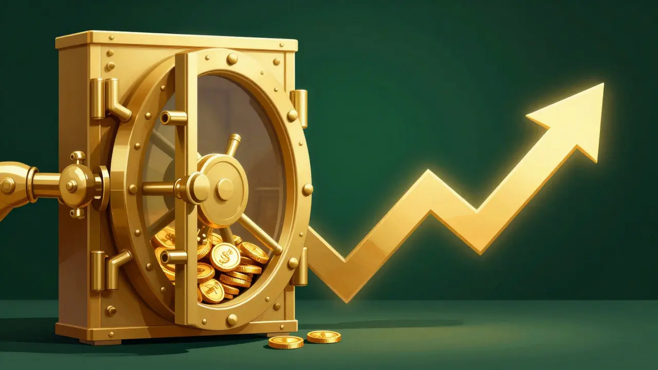 A closing gold vault door and a rising arrow symbolizing reduced supply and bullish sentiment.