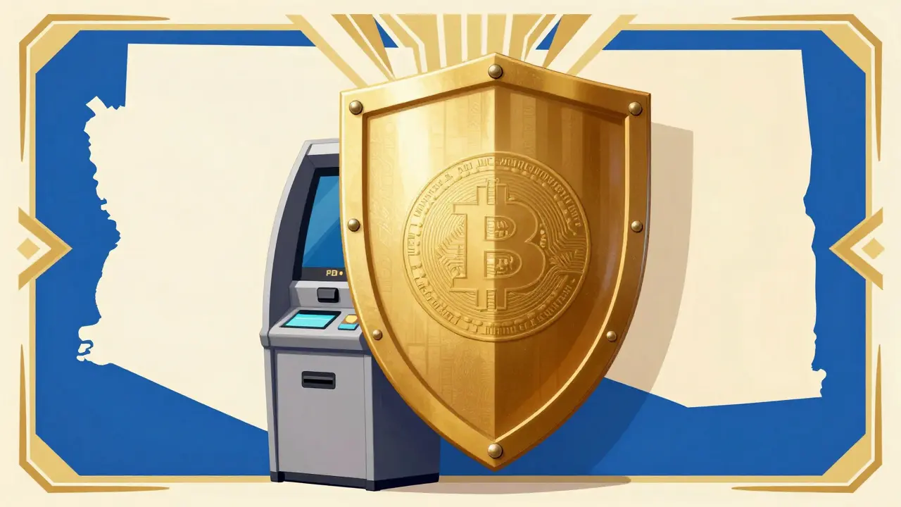 A gold metallic shield protecting a crypto ATM with a geometric map of Arizona in the background