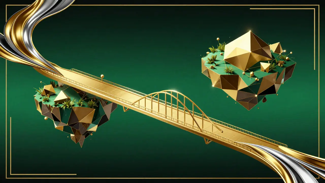 A golden geometric bridge connecting two blockchain networks symbolizing liquid staking